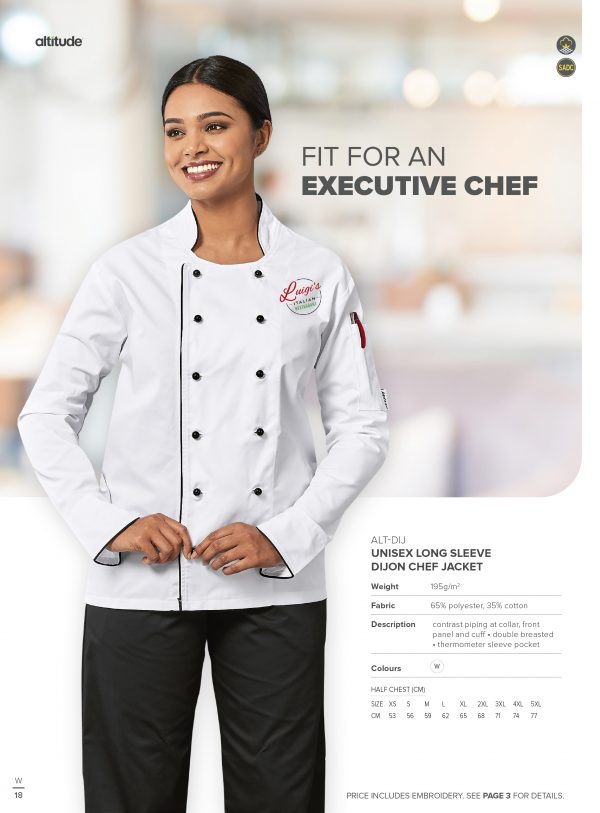 Unisex Long Sleeve Dijon Chef Jacket Hospitality chef