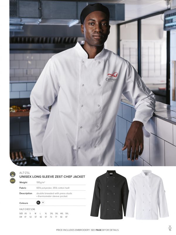 Unisex Long Sleeve Zest Chef Jacket Hospitality Chef coat