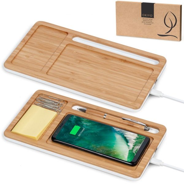 Okiyo Musen Bamboo Wireless Charger Desk Organiser Mobile technology desk organiser